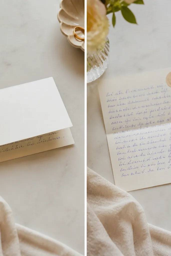 A before photo shows a handwritten note partially folded. An after photo shows the same note fully opened with a stamped date sticker and a small heart doodle.