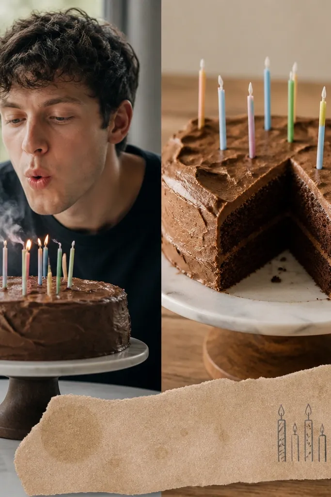 Left photo shows him blowing out candles. Right photo shows the cake with a cleaner slice. A torn strip of light brown paper has subtle waxy smudges, and a few tiny candle shapes are drawn in marker.