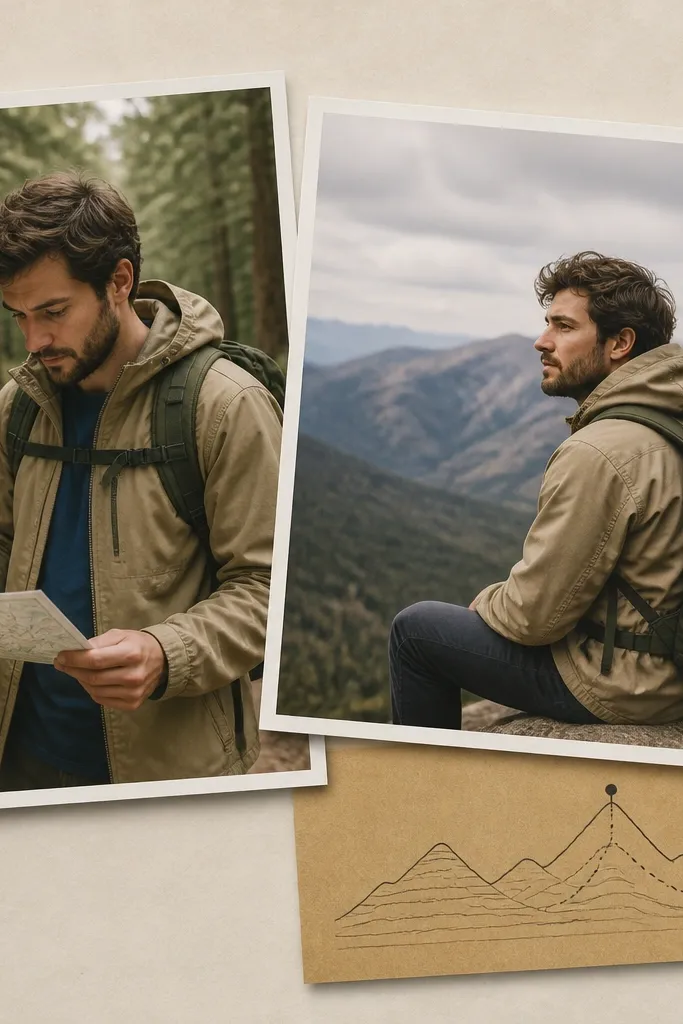 Left photo shows him at the trailhead with a map. Right photo shows him at a viewpoint with mountains in the background. A small card under the right photo has hand-drawn elevation lines and a peak dot.