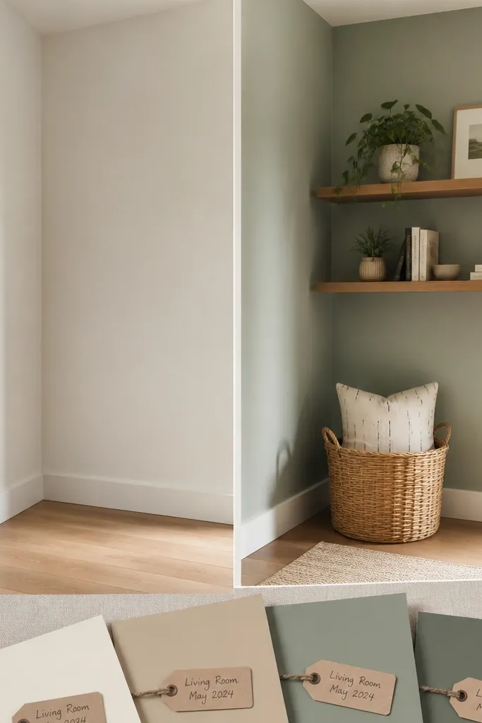 Left photo shows a plain wall or room corner. Right photo shows the same corner after painting or adding shelves. Small paint chips are cut into rectangles and labeled with room name and date.