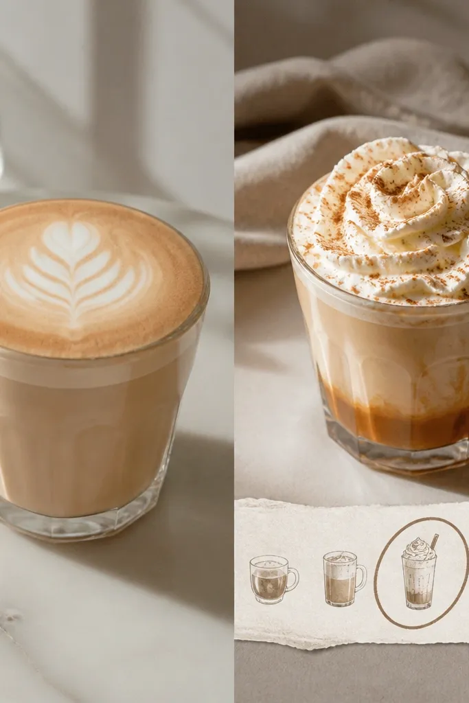 Two coffee photos show his drink evolving from a basic latte to a more specific seasonal drink. A menu cutout strip sits under the right photo with his order circled in pen.