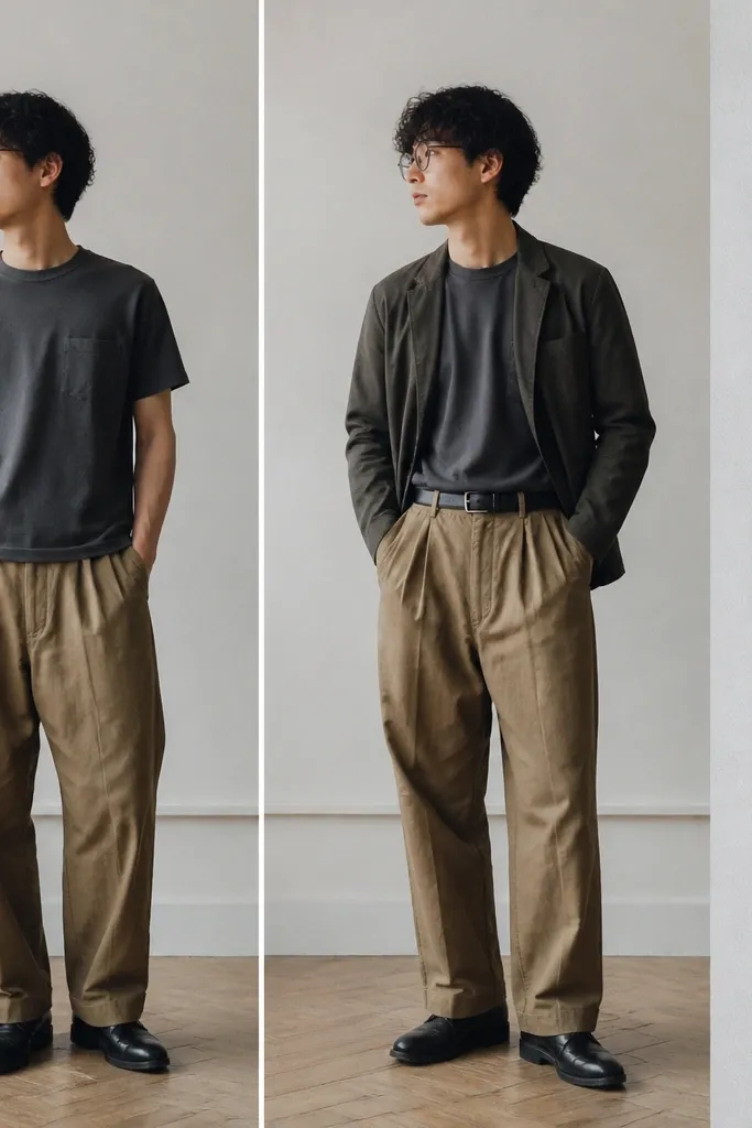 Left photo shows him in a plain thrifted outfit. Right photo shows the same outfit restyled with an added jacket or belt. A set of small hanger tags is attached along the side with dates and sizes.