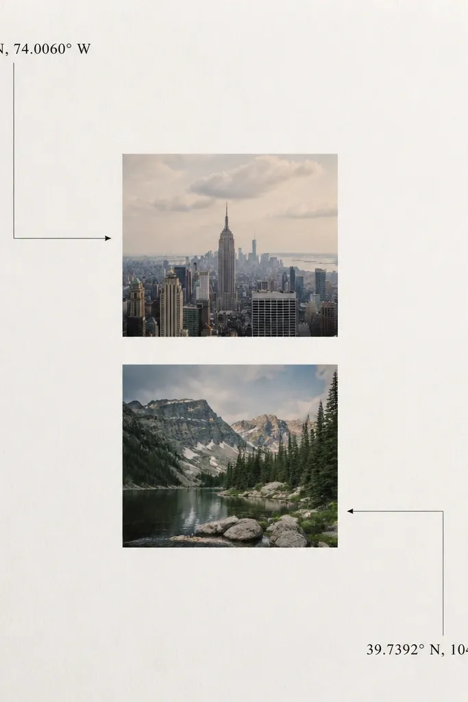 A page shows two small photos in the center. In the corners are printed coordinates in black text, and a thin line connects each coordinate to its corresponding photo with a tiny arrow.