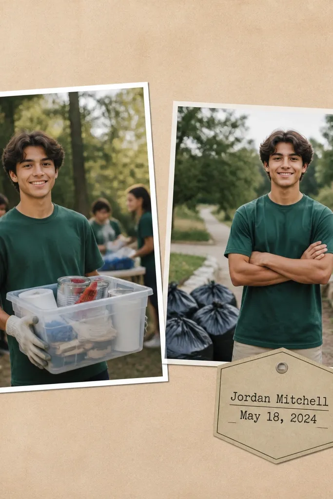 Left photo shows him holding supplies at a volunteer event. Right photo shows him with a completed project or cleanup area. A badge-shaped paper tag sits under the right photo with a name and date typed in black ink.