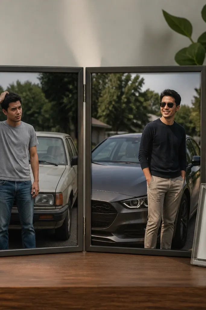 A before photo shows him standing near an older car with a puzzled expression. Right photo shows him in front of his first nicer car. A small key fob photo frame sits near the right side, with a printed key fob image inside.