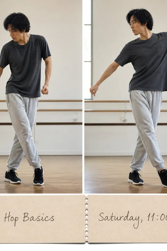Two photos show him learning a dance move - left is awkward foot placement, right is a clean pose. A long strip of ticket paper runs along the bottom with a handwritten class name and time.