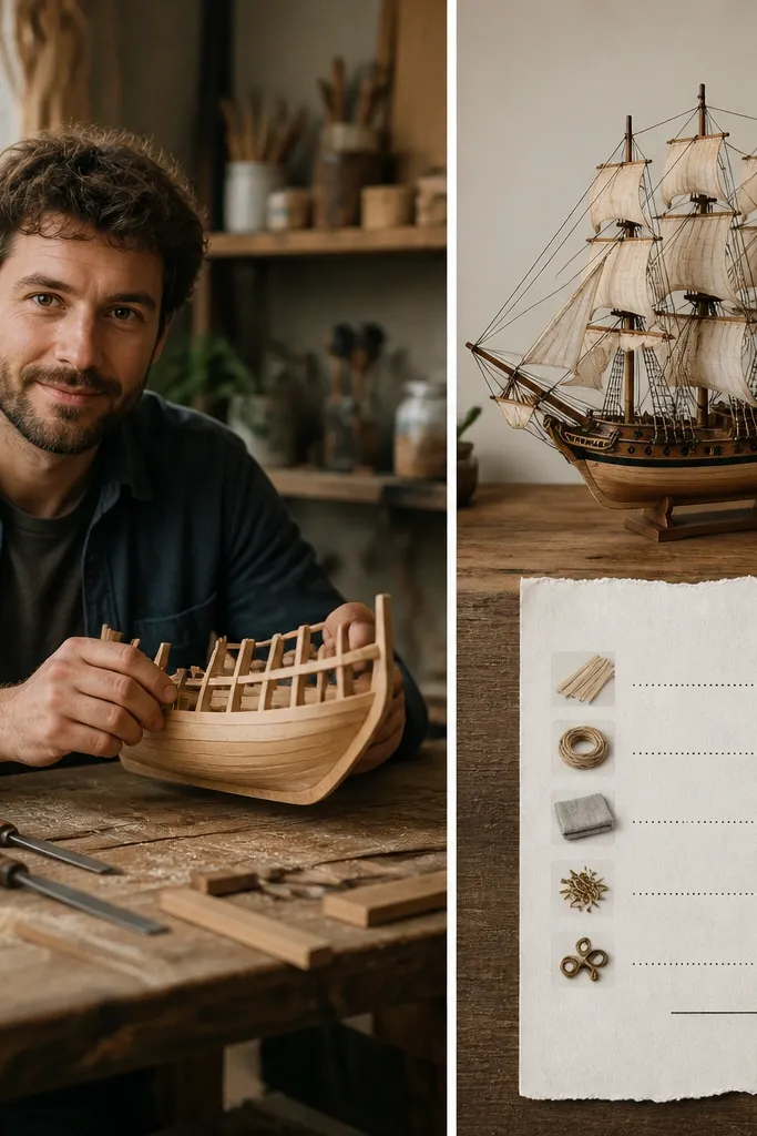 A before photo shows him with a half-finished hobby item. A right photo shows the finished item. Under the right photo is a printed receipt-style strip listing materials and a total cost.