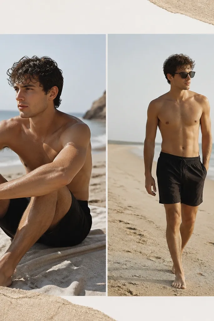 Left photo shows him sitting on a towel with wet hair. Right photo shows him walking on sand with sunglasses. Around the page edges are small strips of paper with a grainy sand texture and light tan color.