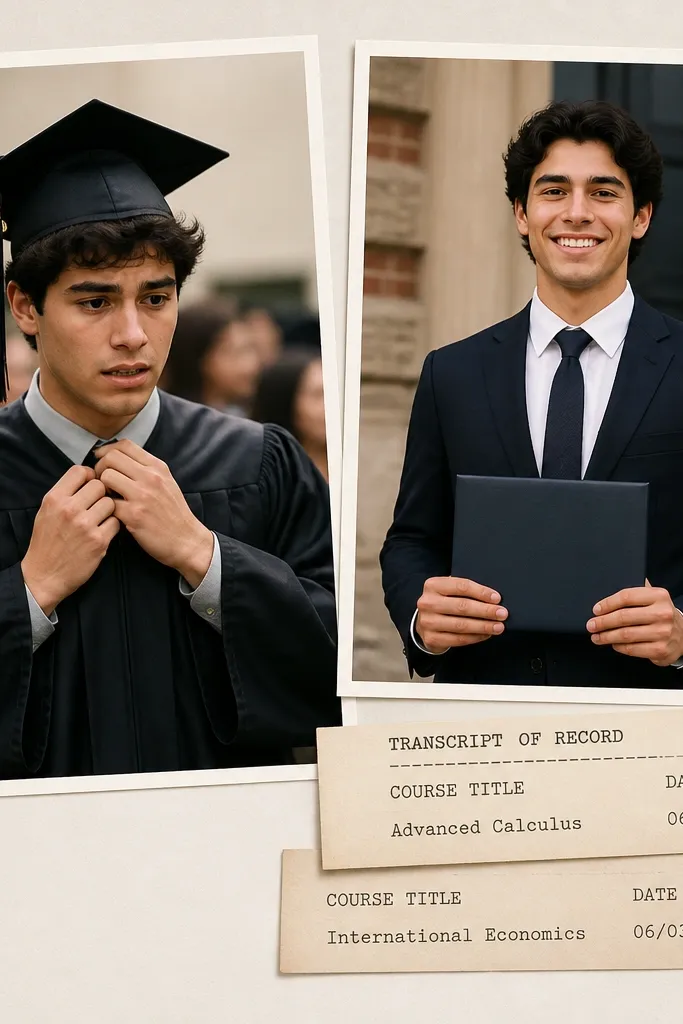 Left photo shows him in a cap and gown looking nervous. Right photo shows him in a suit holding a diploma. Two small transcript tabs sit under the right photo with typed course names and a date stamp.