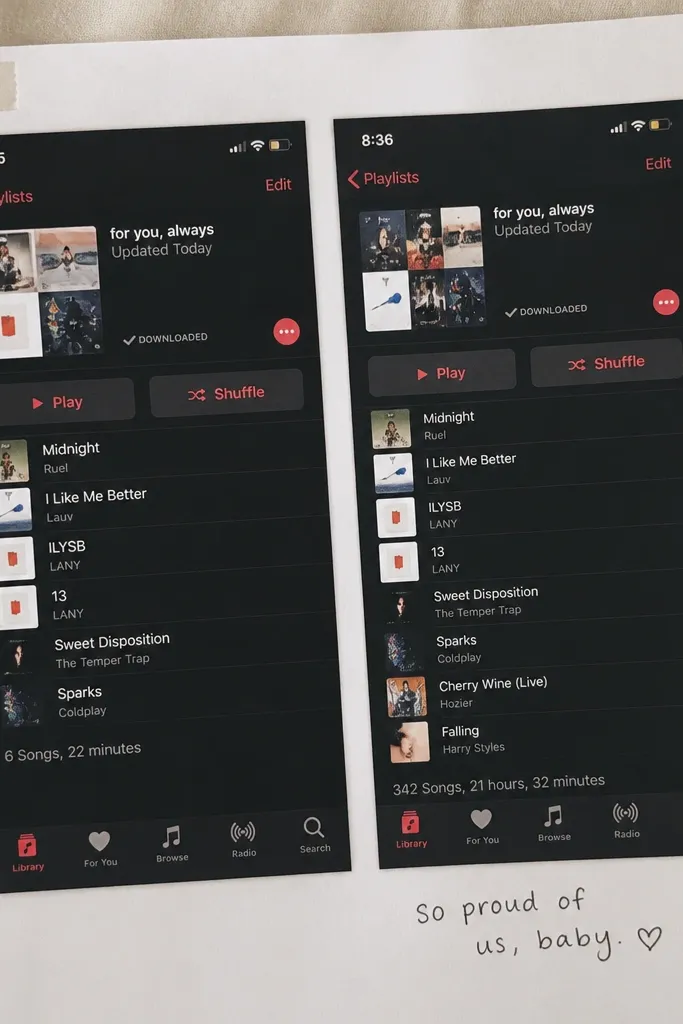 Two phone screenshots are printed: left shows an early playlist with fewer songs, right shows a grown playlist with a longer track count. A small label in the corner reads the date, and a handwritten note sits under the right screenshot.
