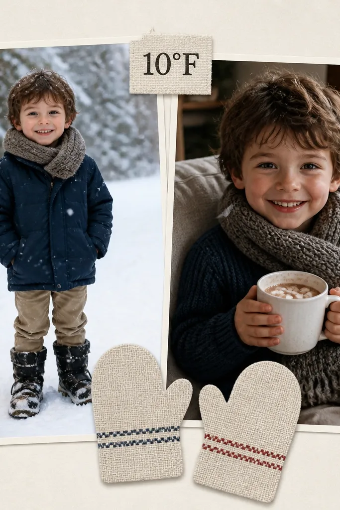 Left photo shows him in snow boots outside, bundled up. Right photo shows him inside with cocoa and a scarf. A small label says "10°F" and mitten-shaped cutouts sit near the bottom with faint fabric print texture.
