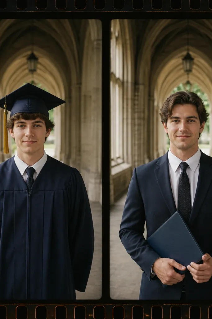 Two photos show him in the same location but different years. Left is a cap on his head from earlier, right is him older holding a diploma. A small strip of film-style border frames both photos.