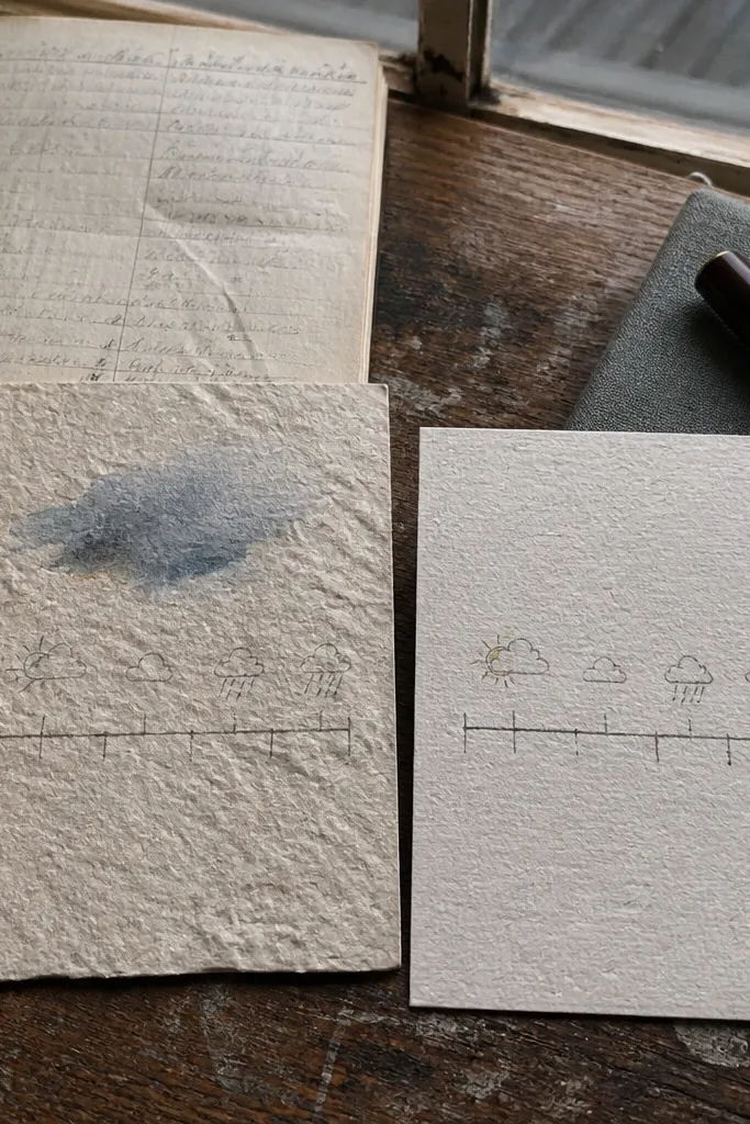 A scrapbook spread with two side-by-side pockets labeled Before and After. Each pocket holds a small weather card printed from the same forecast app, a strip of clear tape over a smudged "humidity" chart, and a tiny swatch of fabric that matches the day's outfit (black cotton tee and navy windbreaker). The After card has a hand-drawn sun icon with a gel-pen highlight line, and the page background has faint rain-spotting made with water + a paintbrush.