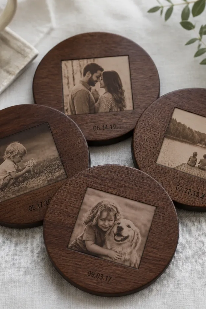 A set of four round wooden coasters stained walnut-dark, each with a small sepia photo square in the center under a clear matte finish; a tiny burnt-in date appears near the edge on each coaster.