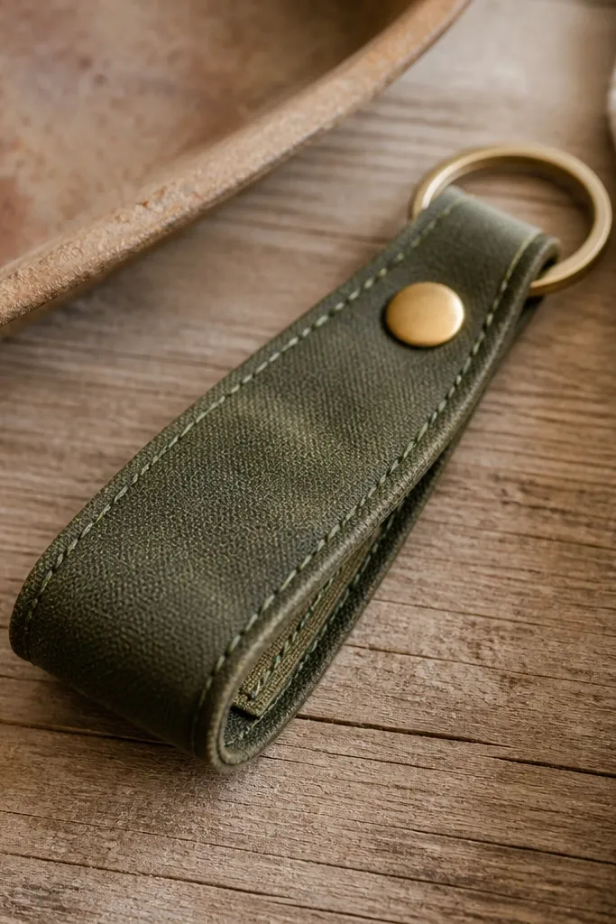 A waxed canvas key fob in deep olive with visible stitching along the edges, a small brass snap at the top, and a tiny stitched inner tag that looks blank from the outside.