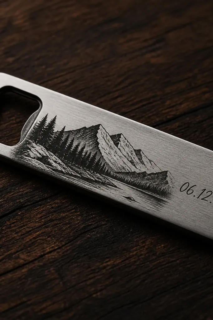 A small rectangular stainless steel bottle opener on a dark wood background, with a black-and-silver graphic that looks etched and a handwritten-style date printed on the handle.
