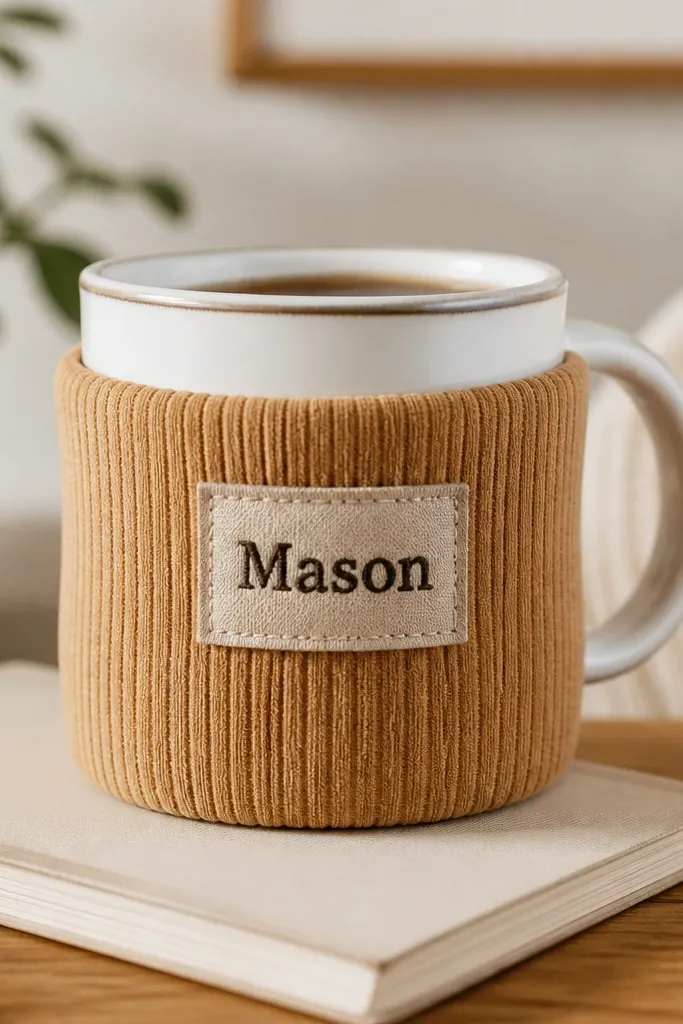A warm tan corduroy mug sleeve with a small stitched patch on the front showing his name in dark thread; the sleeve has clean edges and a snug fit around a ceramic mug.