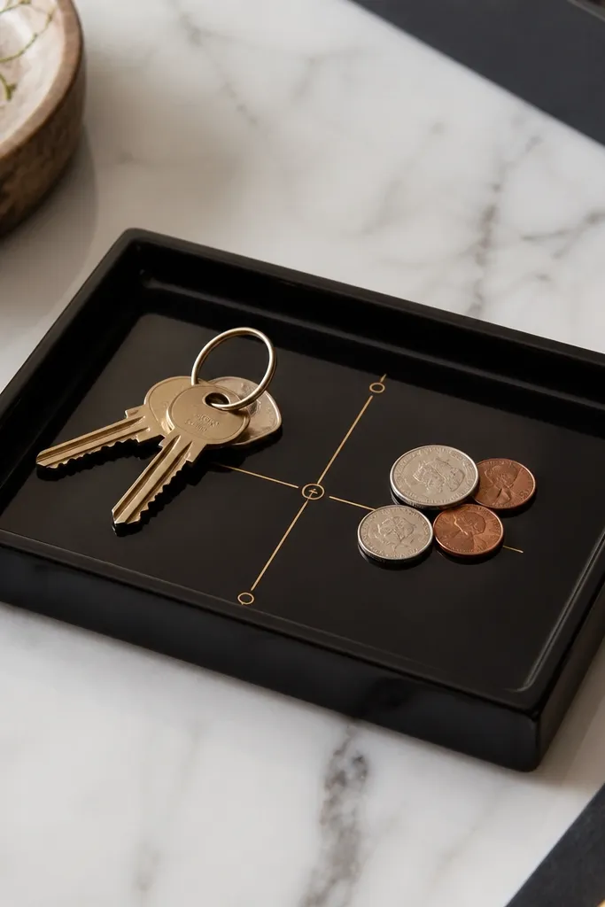 A small black lacquer desk tray with clean squared corners, a gold-ink coordinate line printed on the top, and a slightly raised lip for coins and keys.