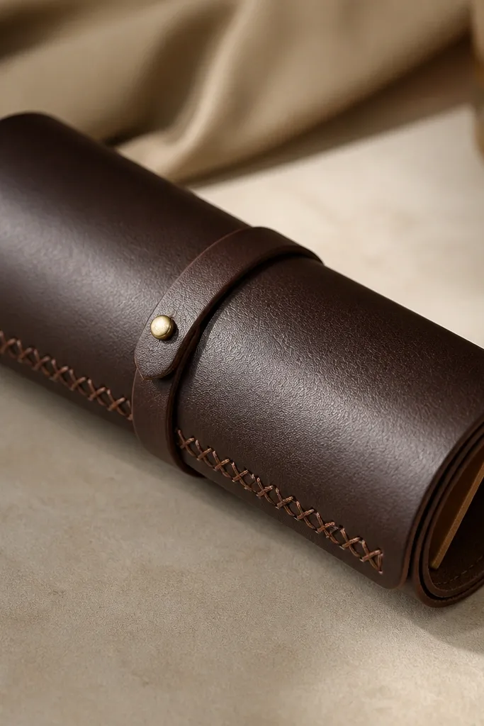 A leatherette strap wrap in dark brown with a button closure, a slim inner pocket visible at the edge, and a stitched cross pattern along the outer seam.