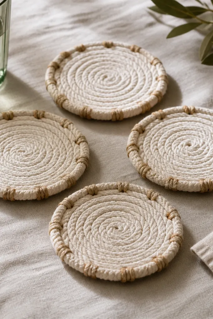 Four round rope coasters made from thick cream cotton rope, each with tight knots around the rim; edges look slightly darkened and sealed with wax.