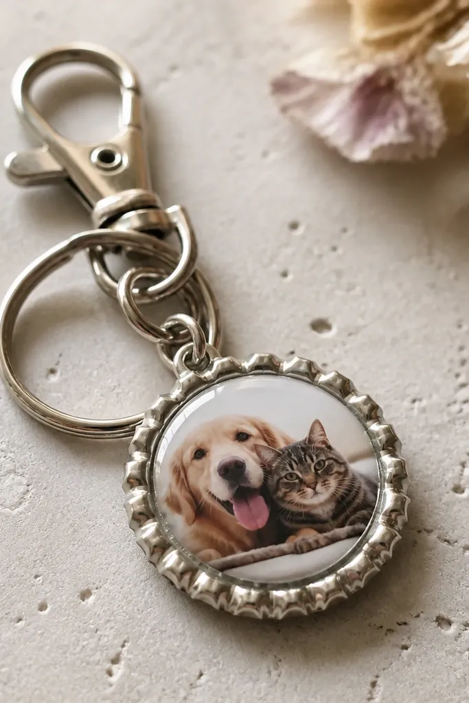 A keychain with a bottle-cap charm showing a tiny printed photo under clear acrylic, plus a small metal ring and a clip; the charm has a glossy clear top.