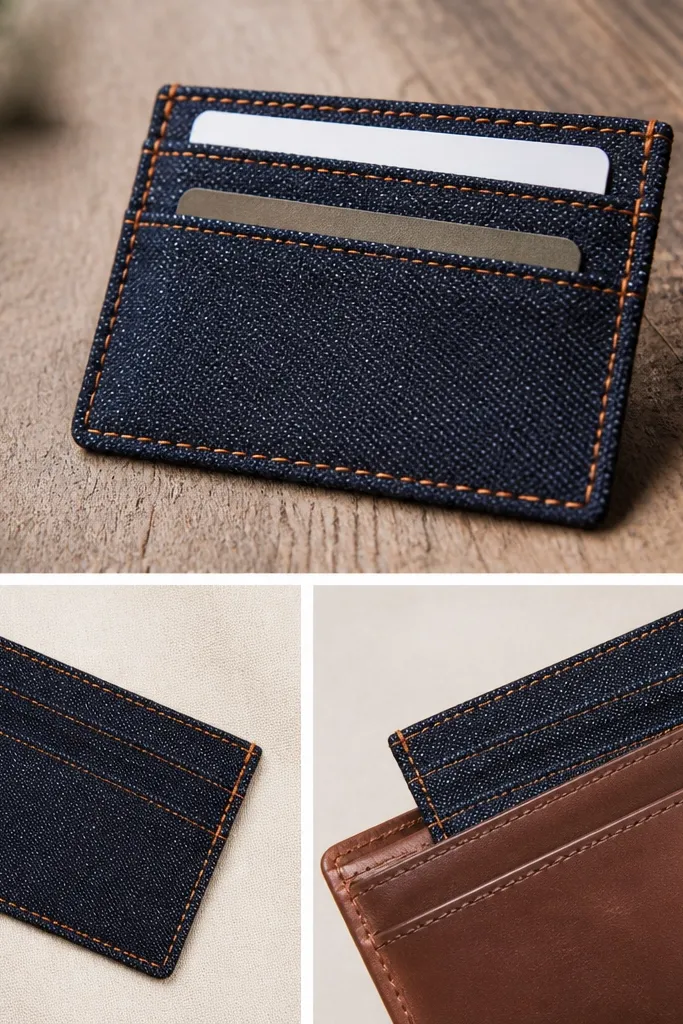 A slim denim insert with two card slots and one hidden pocket, stitched with bright orange thread along the edges; it slides into a wallet.