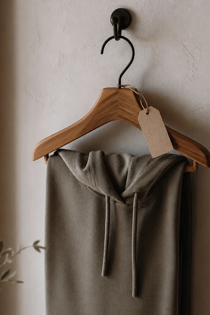 A small cedar wood hanger with a smooth finish and a handwritten-style tag attached near the top; it hangs a folded hoodie with natural wood grain visible.