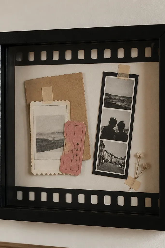 A small shadow box styled like a film frame, with taped ticket stubs, a tiny photo strip, and a clear front; the background is muted cream with black film perforation lines.