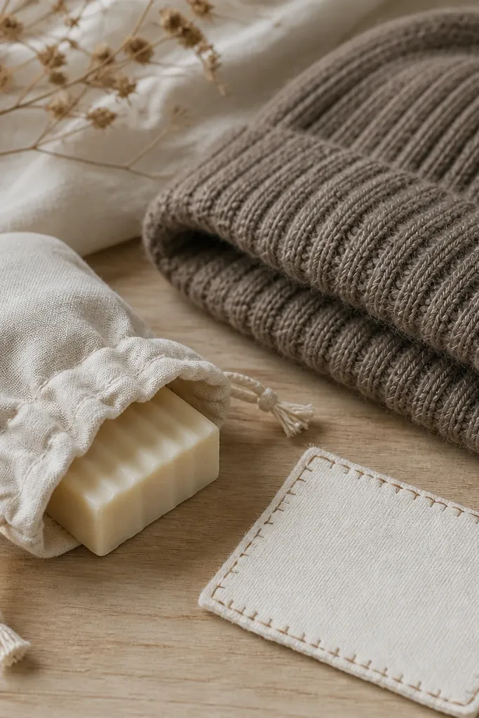 A small fabric pouch holding a mini bar of laundry soap, a knitted beanie folded beside it, and a handwritten care card with stitched edges.