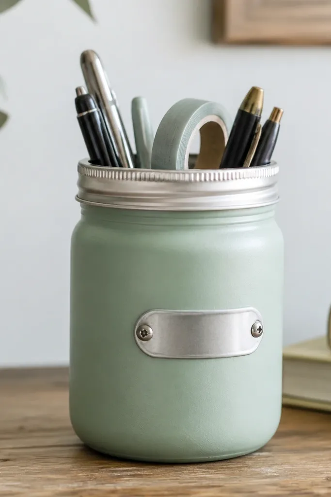A mason jar organizer painted in matte seafoam green, with a metal lid and a small label strip screwed to the front; inside are pens and a small roll of tape.