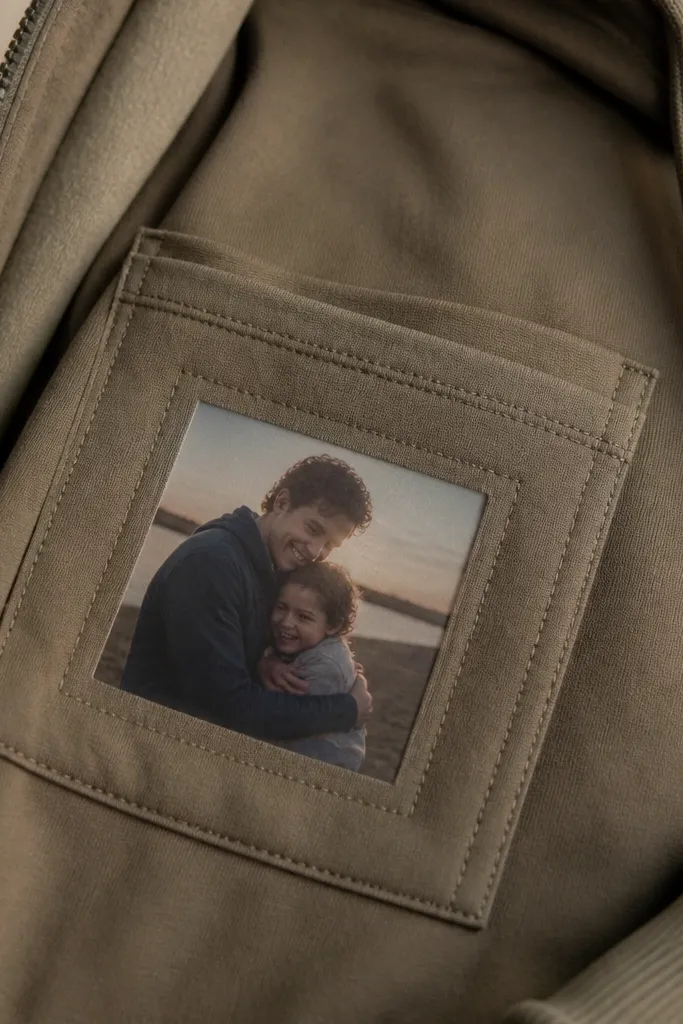 A close-up of a hoodie inner pocket sewn into the lining, with a small clear window holding a printed photo; the stitching is visible and tidy in matching thread.