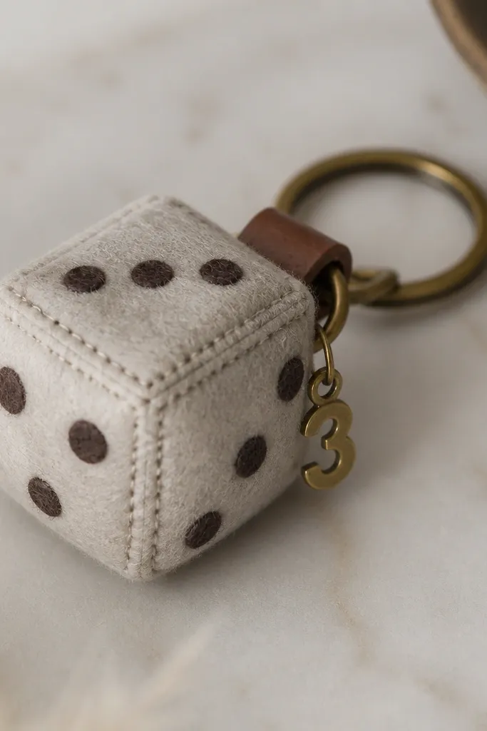 A felt keychain shaped like a small cube die, stitched with matching thread, attached to a tiny leather loop and metal keyring; a small number charm hangs from the corner.