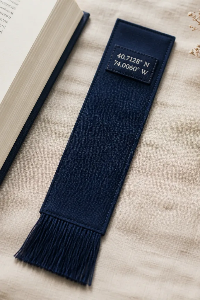 A fabric bookmark in deep blue with a small stitched coordinates label near the top, plus a neat fringe of matching thread at the bottom; it sits beside an open book.