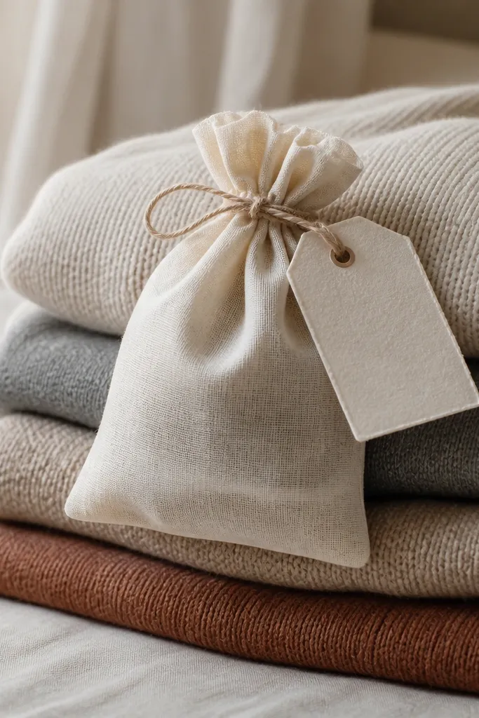 A small drawstring sachet made from cream muslin with cedar chips inside, plus a tiny paper note tied with twine; the sachet sits on a stack of sweaters.