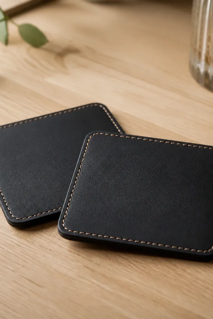 Two leatherette coasters with a matte finish, black base with tan stitched border, and slightly rounded corners; they rest on a light wood table.