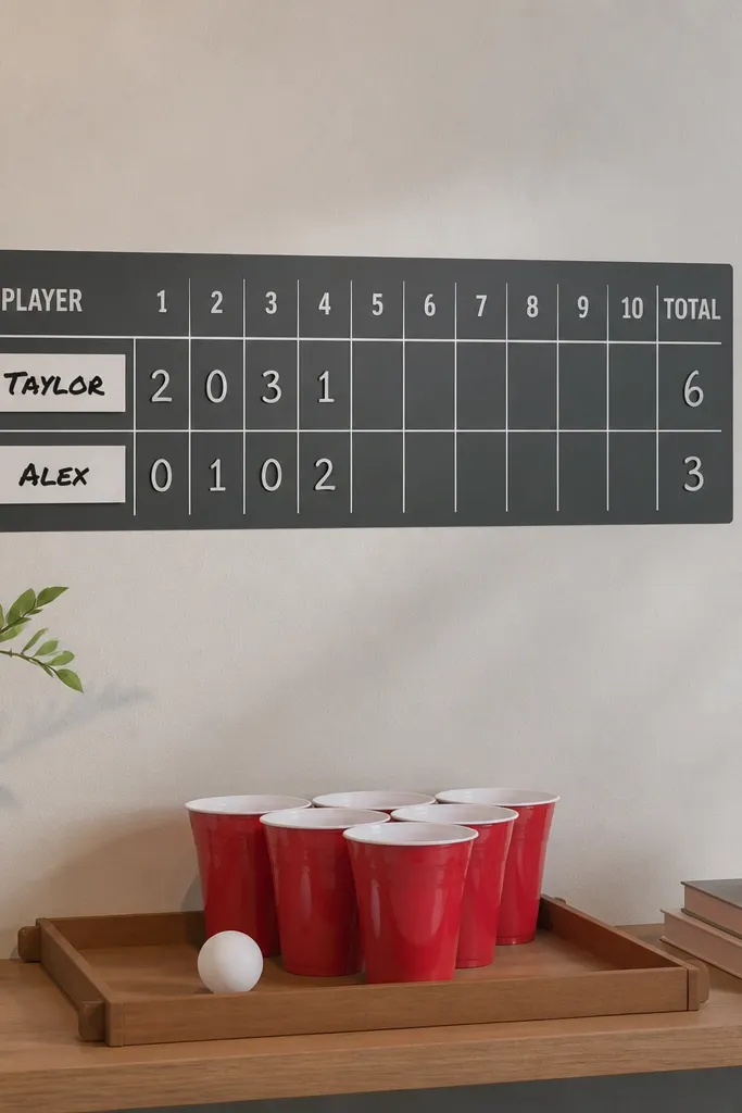 A small wall area with a matte vinyl scoreboard sticker in gray and white numbers, plus two removable name labels; it sits above a mini beer pong setup on a shelf.