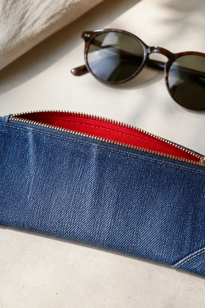 A sunglass case made from upcycled blue jeans fabric, with a zipper top and a bright red contrast lining; it's flat and neatly stitched with reinforced corners.