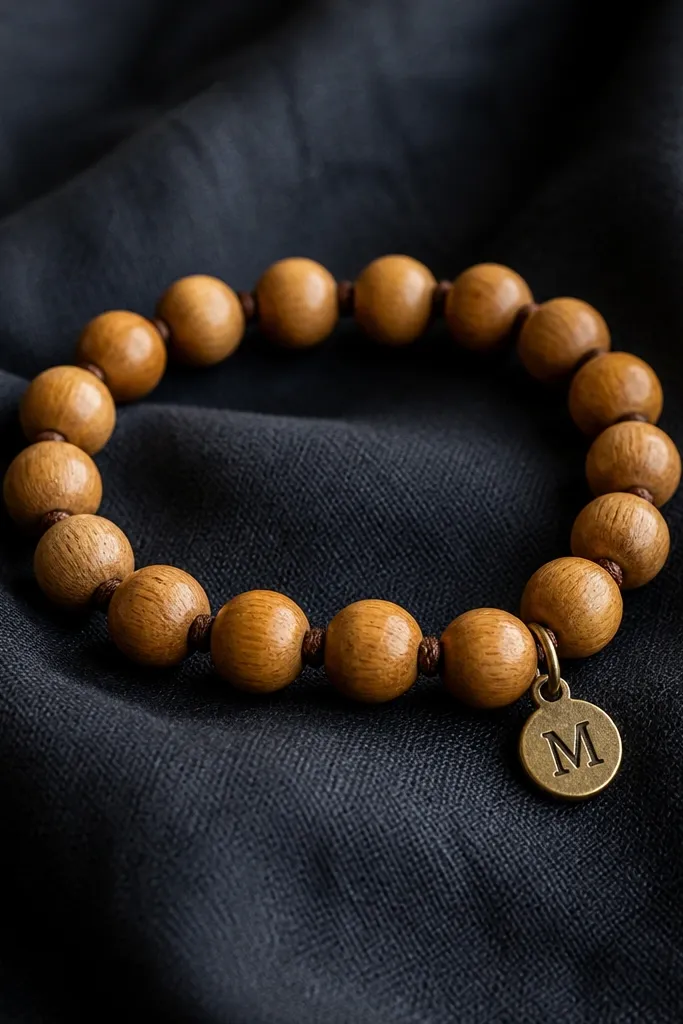 A bracelet made of medium-sized wooden beads in warm honey tones, spaced with tiny knots between beads, and a small metal initial charm; it's laid on a dark fabric background.