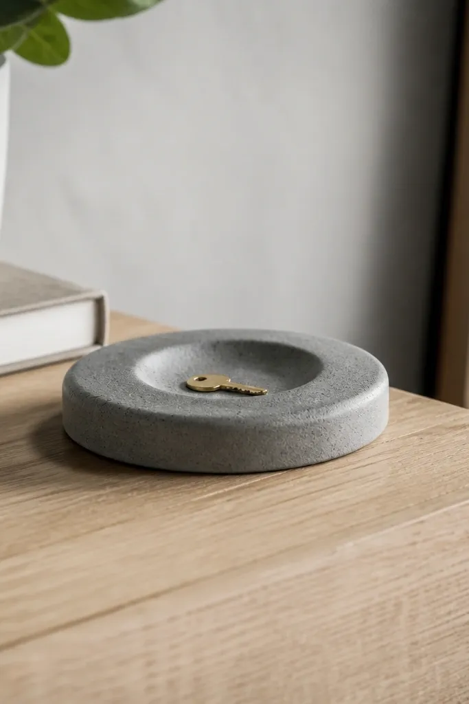 A small gray concrete dish with a smooth top and a shallow divot, with a hidden magnet under the dish edge; a tiny key sits in the divot.