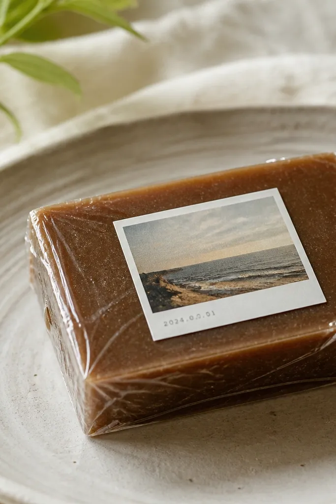 A coffee-brown soap bar with a small photo label on the top, sealed under clear wrap; the label shows a tiny printed picture and date.