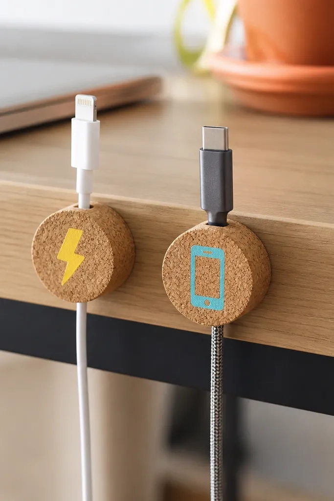 Small cork cable clips painted with tiny icons like a lightning bolt and a phone; they are attached to a desk edge with double-sided tape.