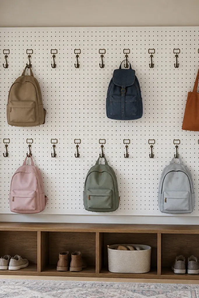 A white pegboard mounted to a hall wall. There are two horizontal rows of hooks for bags, each hook row has small numbered tags. Beneath, there are four shallow cubbies made from stained wood with open fronts.