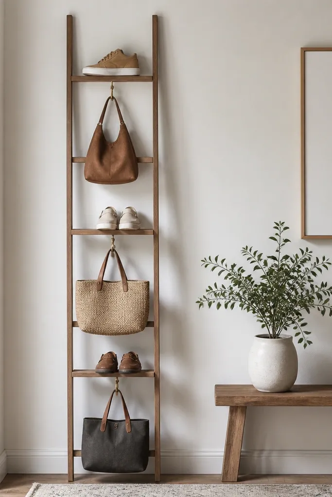 A slim wall ladder with two side rails and several rungs. The rungs are spaced so shoes can sit on them. Between rungs, small metal hooks hang bags by their handles.