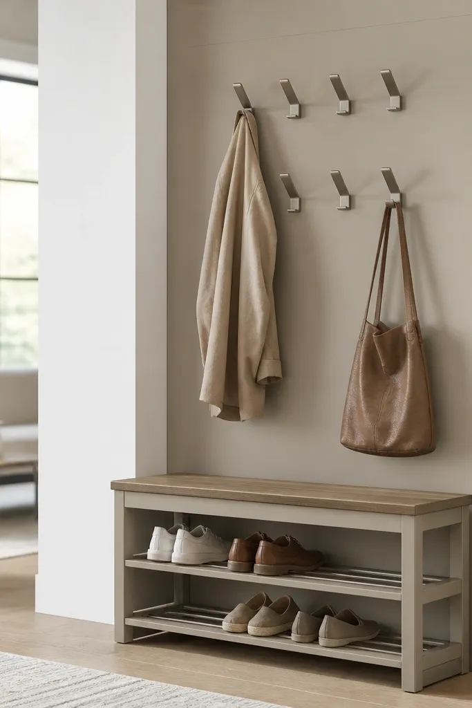 A narrow entry bench with a shoe rack base and a top panel. Above the bench, there are two rows of flip-down metal hooks that swing out when needed and tuck back when closed.