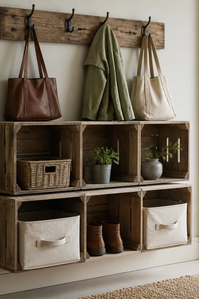 A wall-mounted rack made from stacked reclaimed wood crates. Each crate has an open front. Under two crates, fabric bins with handles slide in and out. A row of hooks sits above the crates for bags.