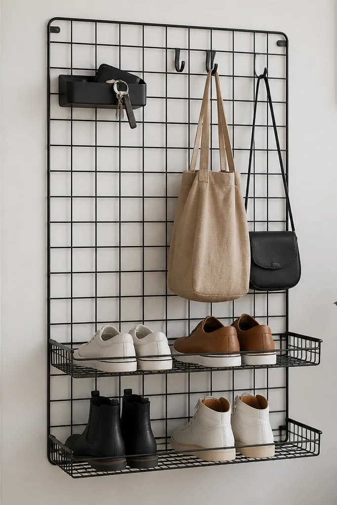 A sleek black metal grid wall system with two wire shelves for shoes. Above is a small magnetic tray for keys and a row of short hooks for bags.