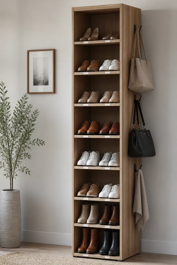 A tall narrow tower cabinet open on the front. Inside are multiple shelves holding shoes in pairs. On the right side, hooks protrude for bags. Small white labels sit on shelf edges.
