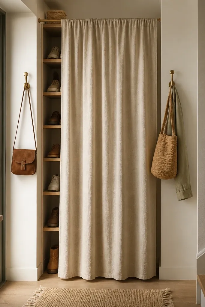 A slim wall rack with shoe shelves. A tension rod above holds a soft curtain that hangs down in front of the shoes. Hooks for bags are on the outside of the curtain area.