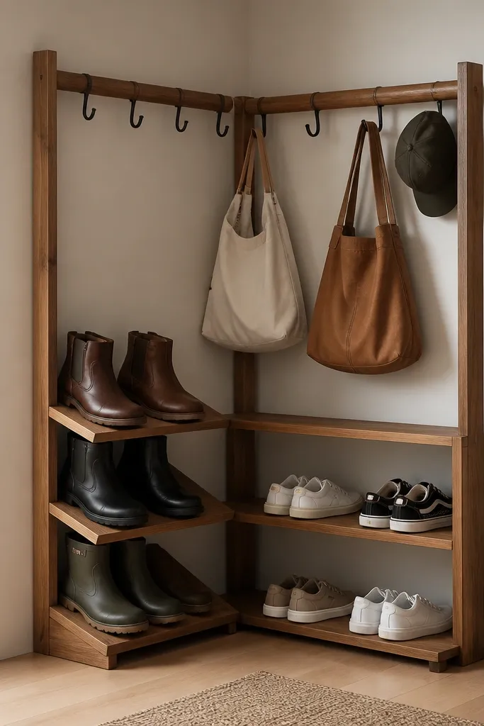 A corner entry setup with an L-shaped wood rack. One side has a boot shelf with a slight slope, the other has two narrow shelves for sneakers. A horizontal bar across the corner holds bag handles with hooks underneath.