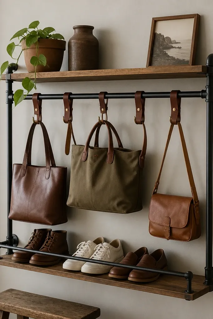 A black industrial pipe frame mounted to the wall with two wooden plank shelves. Leather strap hooks hang from the pipes, holding bags by their handles. Shoes sit neatly on the lower shelf with a front edge rail.